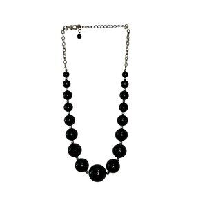 Statement Necklace Graduated Black Beads With Silver Beads & Chain Lobster Clasp
